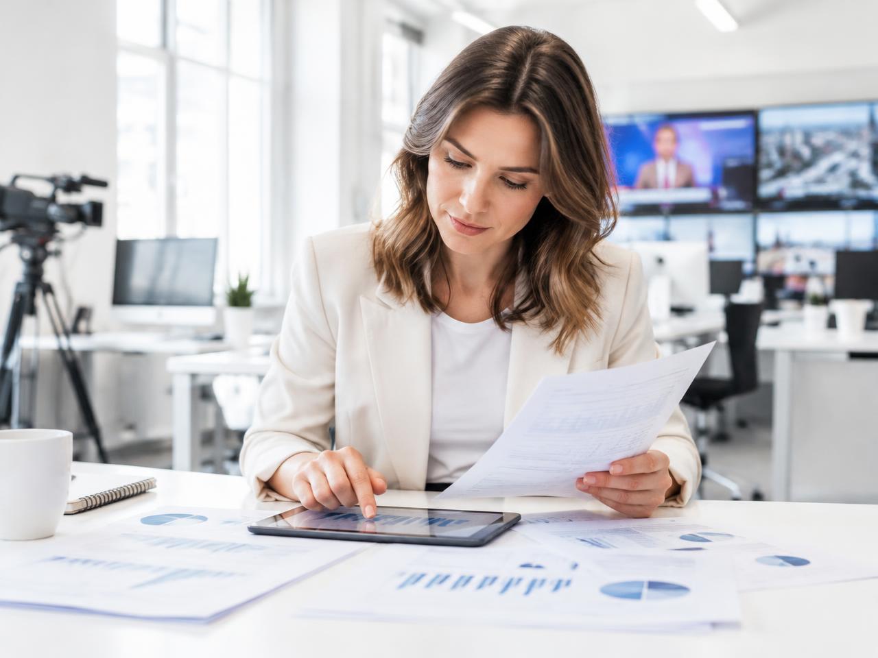 A journalist reviewing statistics and documents